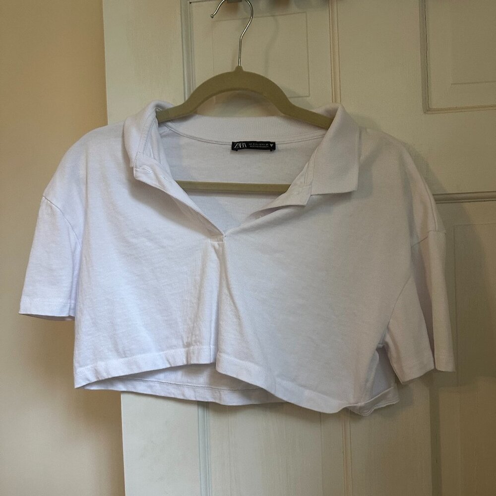 zara cotton white cropped top with collar